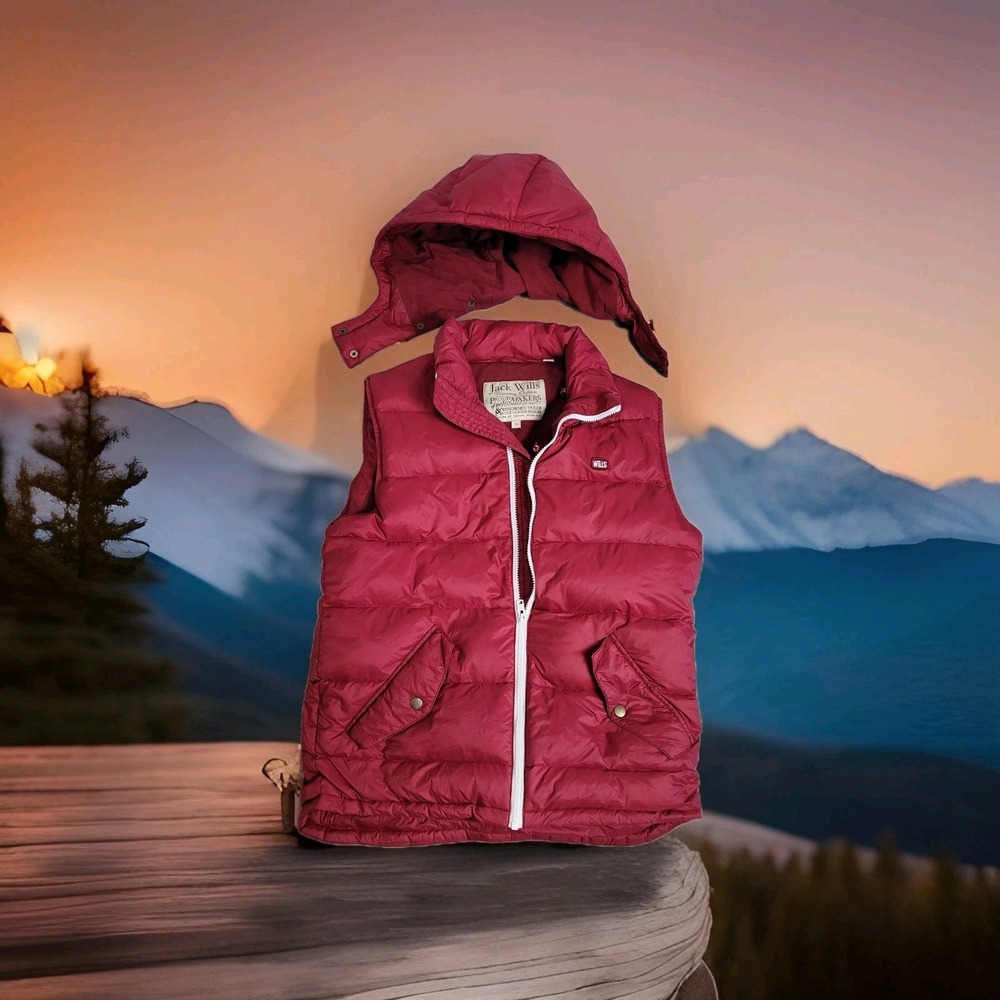 🧣Jack Wills Holloway Down Puffer Vest‎ Women's S Red Snap-Hood Lined Gorpcore